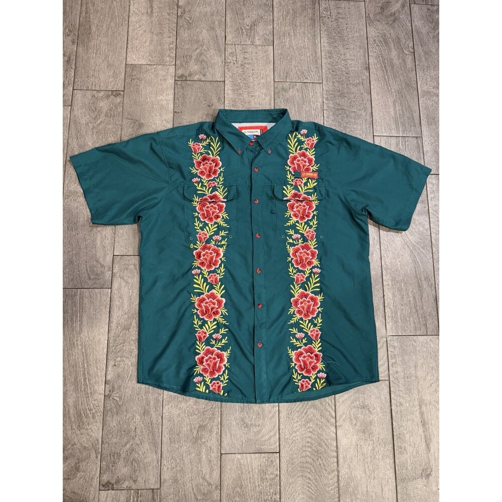 Magellan Outdoors Laguna Madre Fishing Shirt Men's XL Green Floral Embroidered